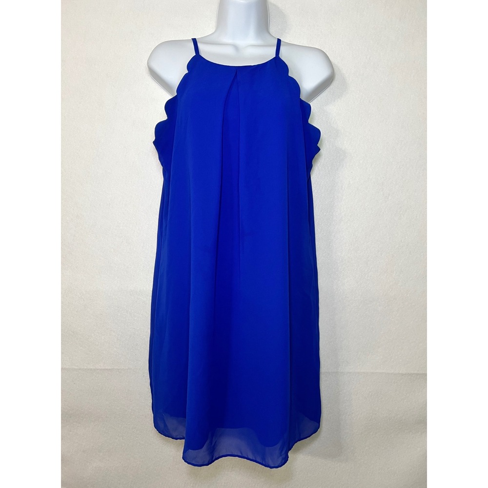 IN San Francisco Royal Blue 60s Mod Indie Sleek Scalloped Chiffon Dress JRS Lg